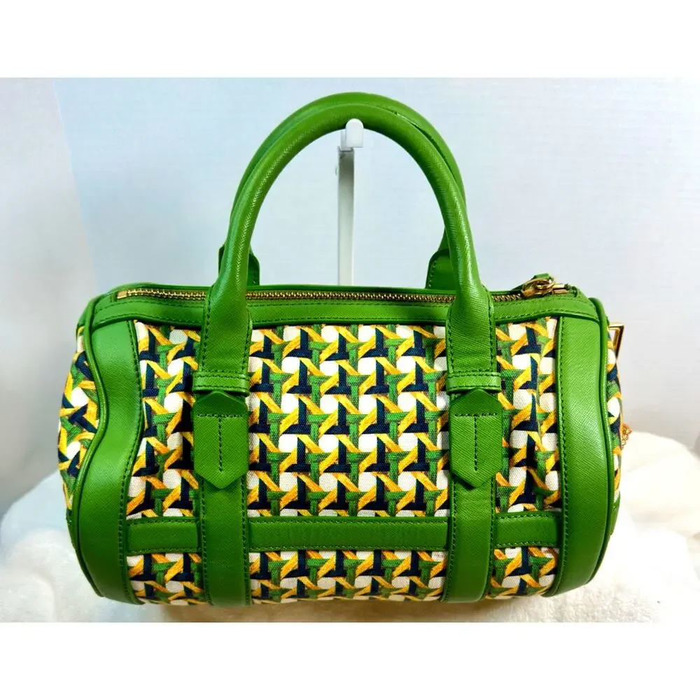 Tory Burch Green Nylon & Leather Boston Satchel Gold Hardware Bag Charm